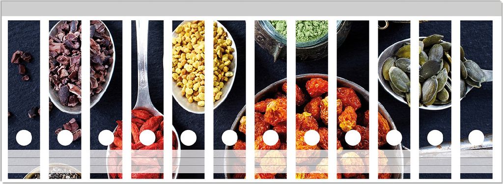 Wallario Ordnerrücken Sticker, selbstklebend für breite Ordner, 12 Stück, Motiv Gesunde Superfoods in Töpfen