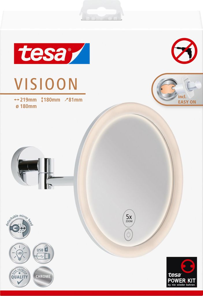 tesa Visioon Schminkspiegel Beleuchtung Touch Vergrößerung ohne Bohren - Chrom