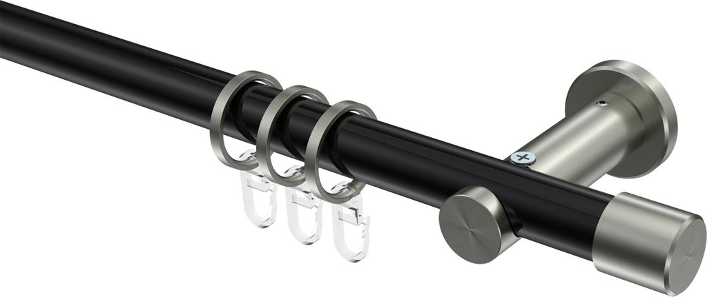 Interdeco Gardinenstange / Vorhangstange Schwarz / Edelstahl-Optik, Typ Platon Santo (Kappe), 20 mm Ø 1-läufig, 360 cm