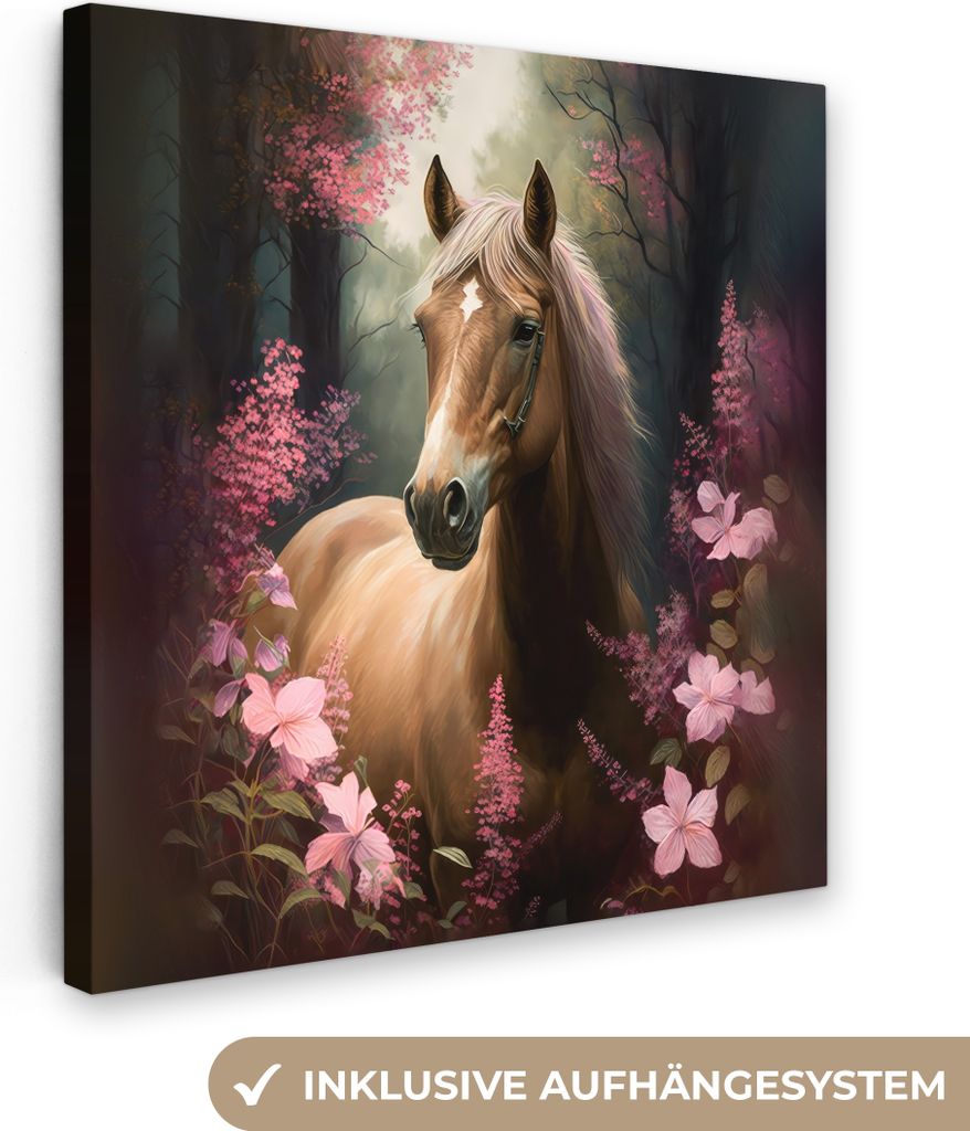 MuchoWow - Leinwandbilder - Pferd - Blumen - Rosa - Natur - Wald, Wandbild, Wanddeko Bilder Wohnzimmer, 20x20 cm