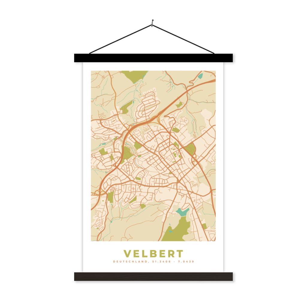 MuchoWow Textilposter Velbert - Karte - Stadtplan - Vintage 40x60 cm mit schwarzem Rahmen - Wanddekorationen