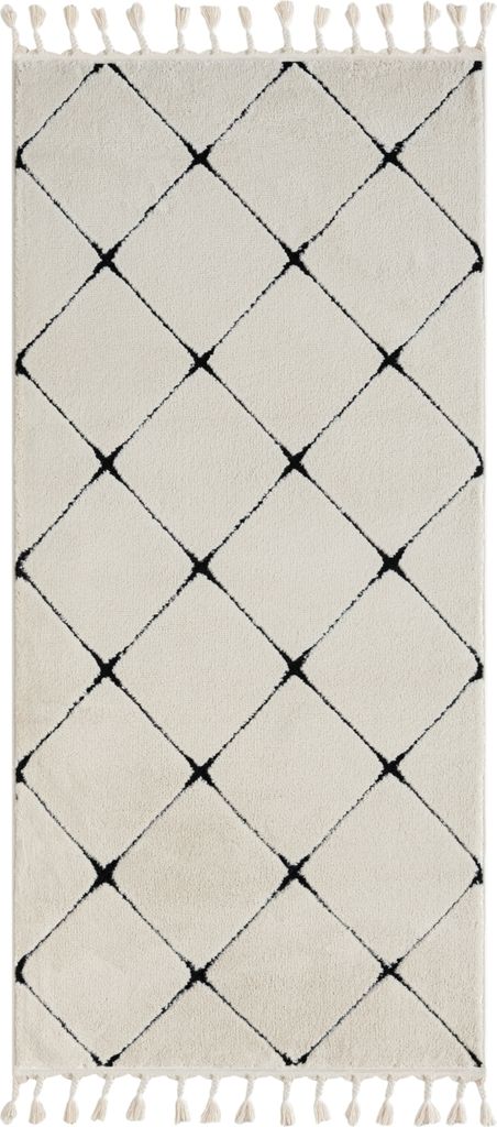 MY-RUG Teppich, Vilma, 200x100,Weiß, Hochflorteppich, modern, marokkanisches Design, flauschig weich, Skandi-Rautenmuster, rechteckig