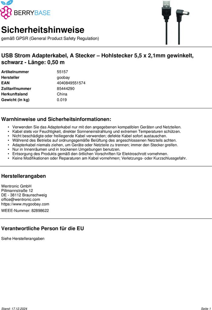 goobay USB DcKabel 5,5 x 2,1 mm schwarz 0,5 m | Kaufland.pl goobay USB DcKabel 5,5 x 2,1 mm schwarz 0,5 m | Kaufland.pl
