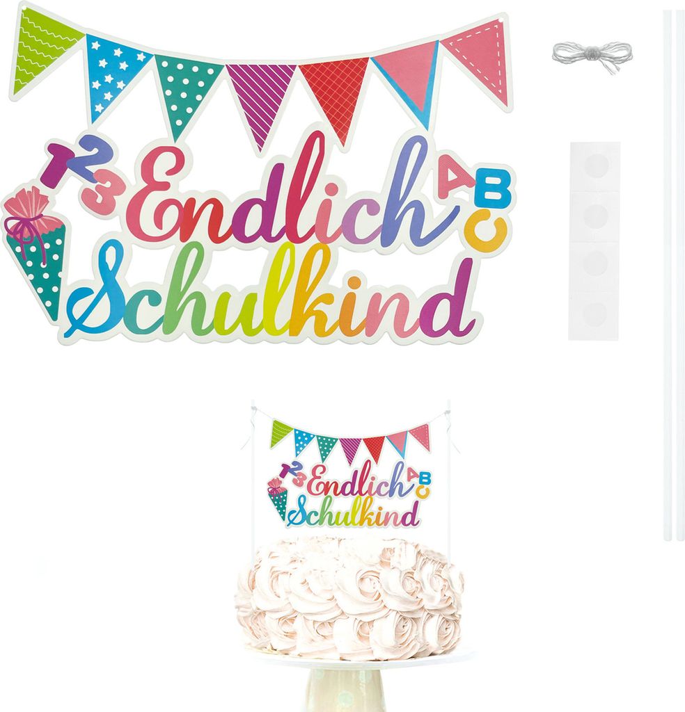 Oblique Unique Endlich Schulkind Torten Topper für Schuleinführung Einschulung Schulanfang Junge Mädchen Kuchendeckel - bunt