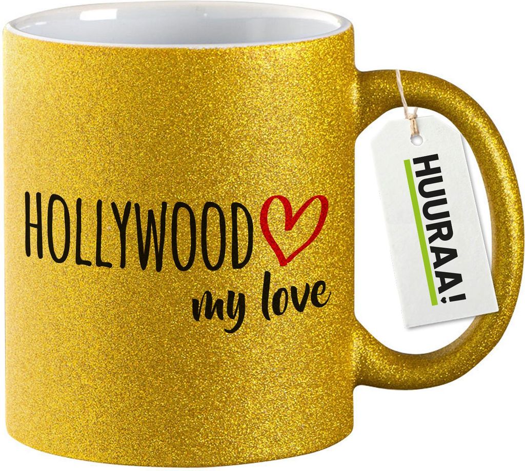 Huuraa Glitzertasse Hollywood my love 330ml Gold Keramik Kaffeebecher Geschenkidee