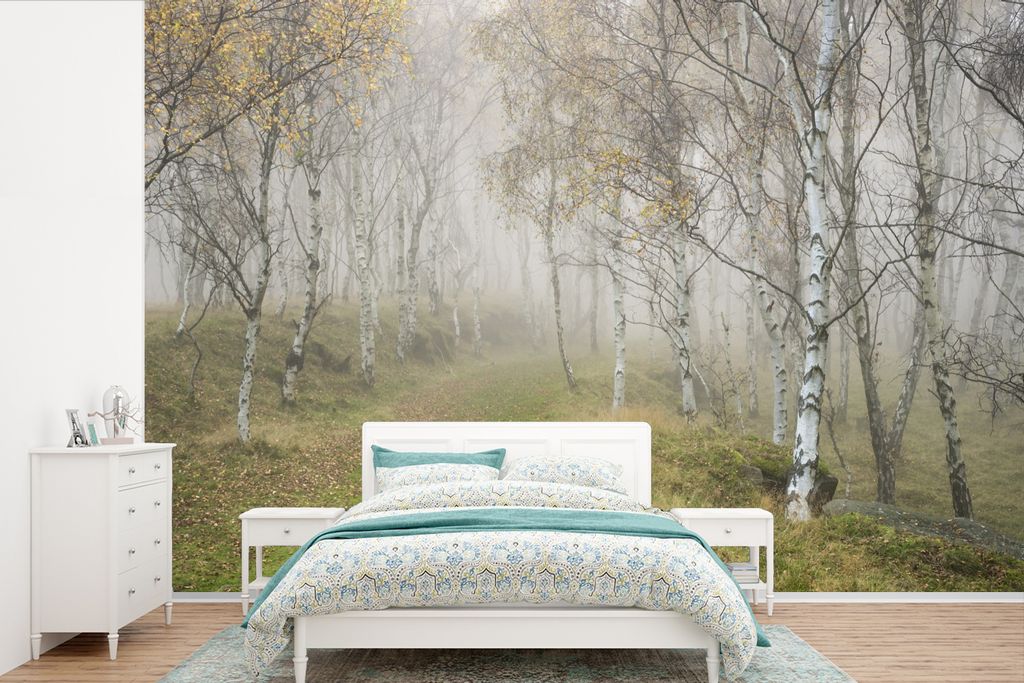 MuchoWow Fototapete für Wohnzimmer oder Schlafzimmer Wandtapete Vinyl Motivtapete Blick auf mehrere Rotbirken - 420x280 cm - Zimmer für Kinder
