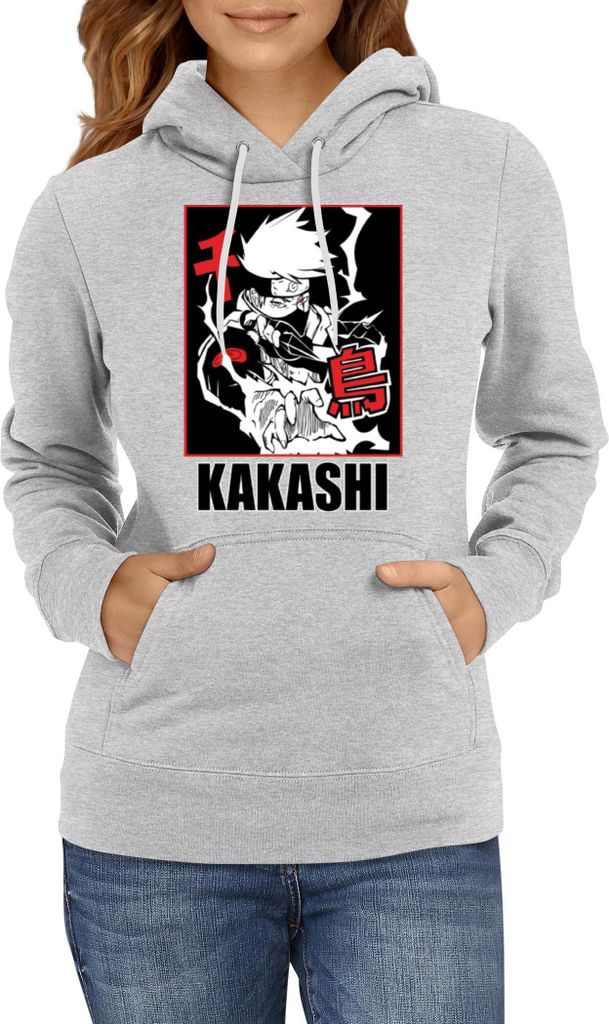 Damen Kapuzenpullover Japan Animation Manga Anime Comics Naruto Hatake Kakashi 04 Chidori, Lady 2XL / Grau