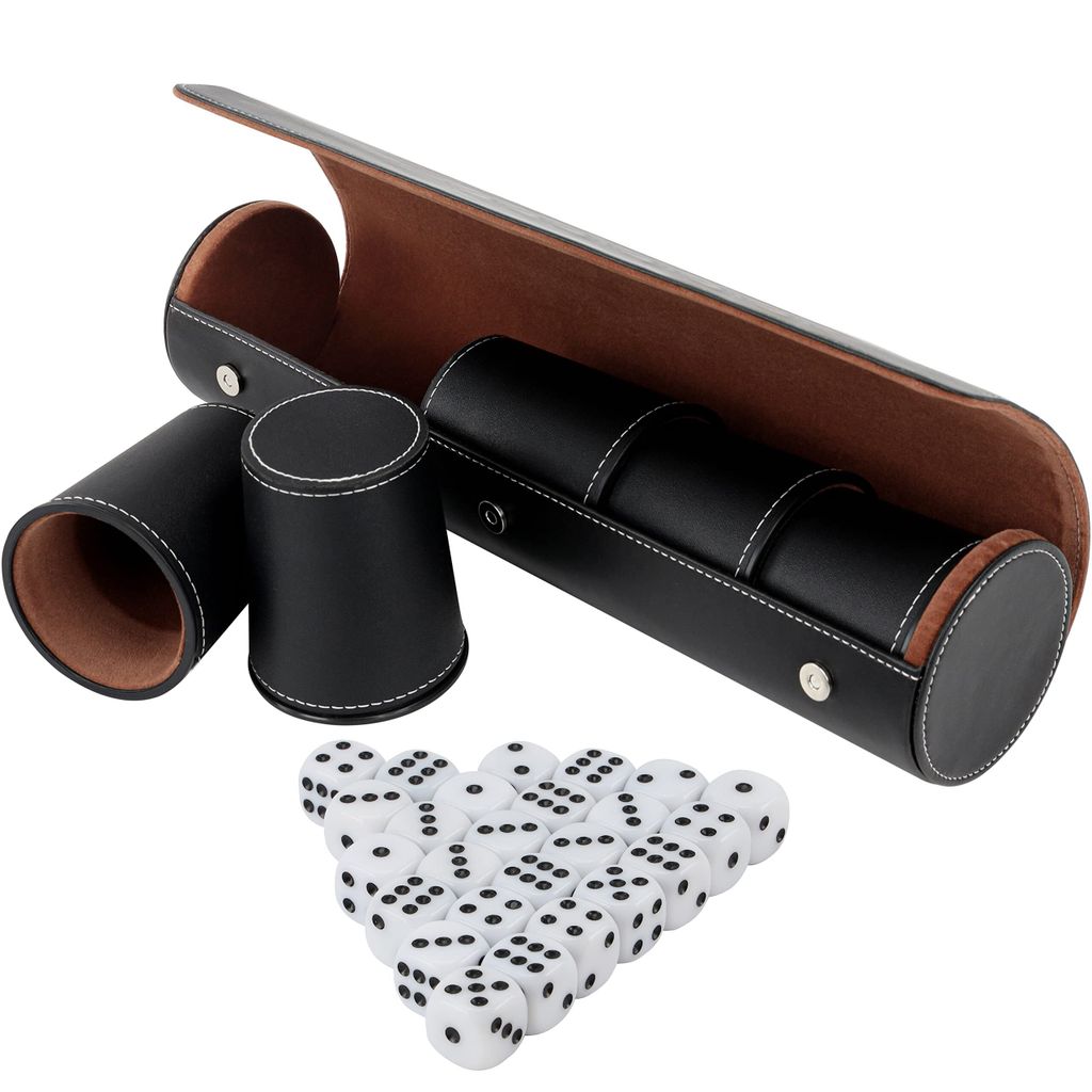 BELLE VOUS Schwarzes Würfelbecher Leder Set (5 STK) - Mit 25 Würfeln & Aufbewahrungsetui - Profi Kniffelbecher Leder Würfelbecher Schocken Set - Für Party-/Brettspiele, Verdecktes Würfelpoker & Mehr