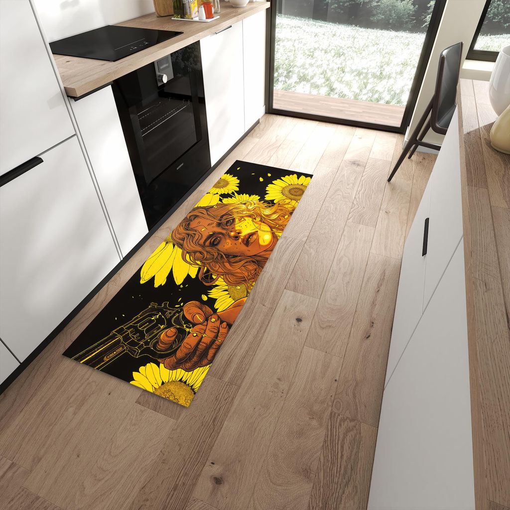 Küchenteppich 60x180cm rutschfest & abwischbar PVC Läufer - Sonnenblumenmädchen