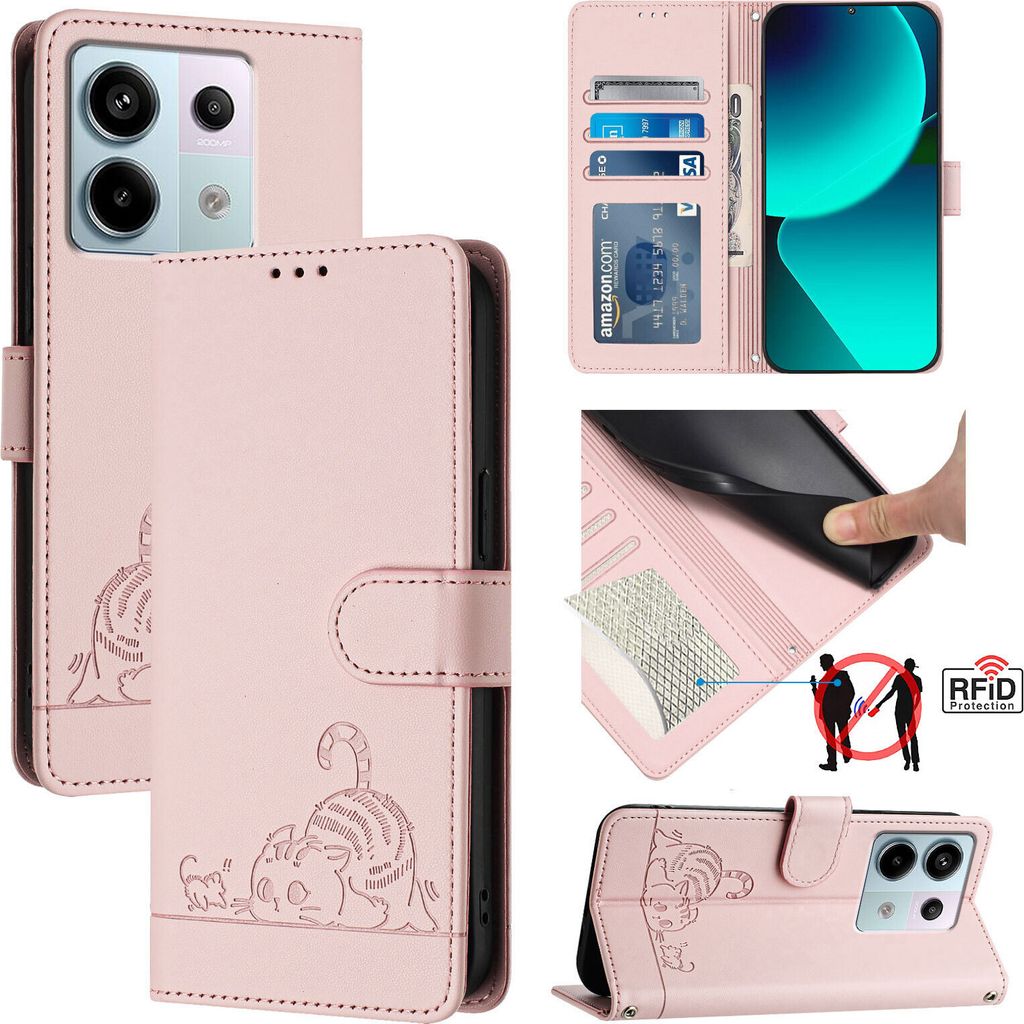 Leder Hülle für Xiaomi Poco X6/Redmi Note 13 Pro 5G Süße Katze Flip Case Brieftasche Schutzhülle mit Standfunktion Pink