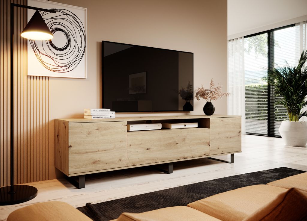 TV-Schrank 180 cm, Fernsehtisch, Lowboard, Eiche Artisan Matt, schwarze Metallfüße, Modernes Design, "Masimo"