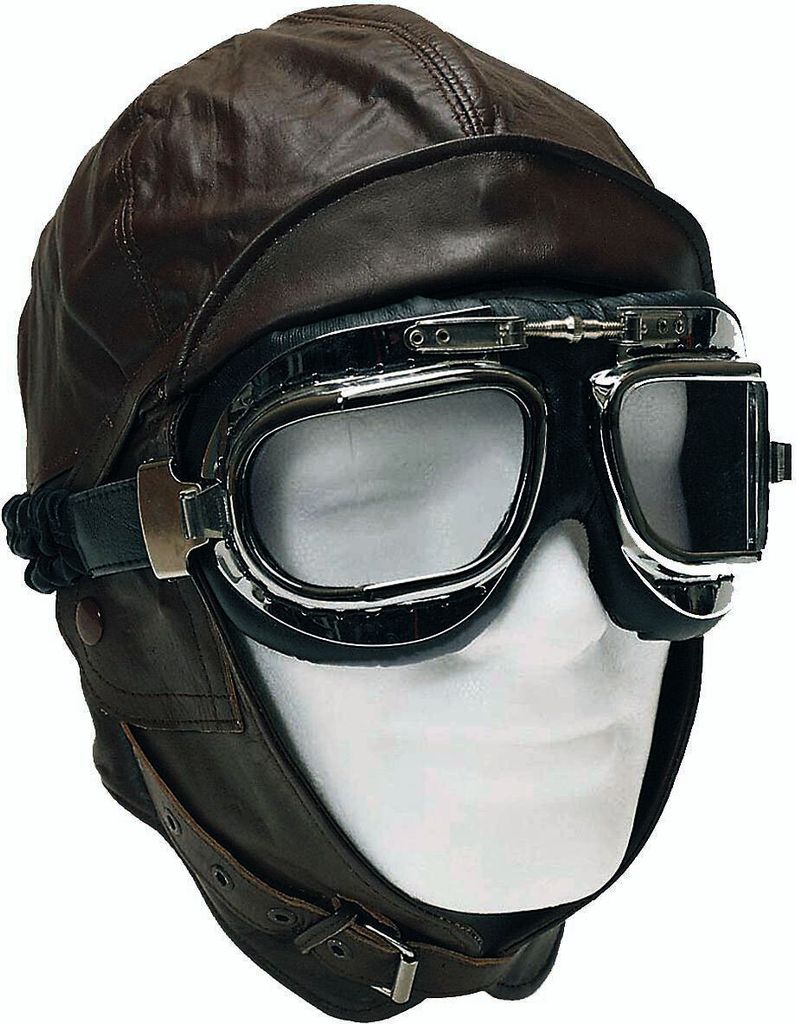 A vintage-style aviator hat and goggles on a mannequin head.