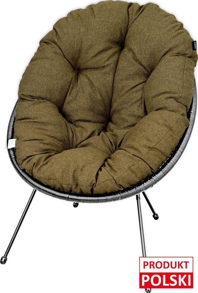 A round, cushioned chair with a woven frame and three metal legs, set against a white background. A small red and white label is visible in the bottom right corner.