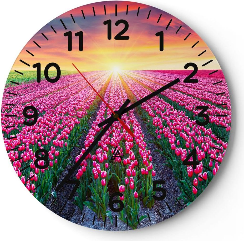 Wanduhr - Rund - Glasuhr - Wiese Tulpen Sonnenuntergang Frühling - 30x30cm - Schleichendes Uhrwerk - Lautlos - zum Aufhängen bereit - Dekoration ...
