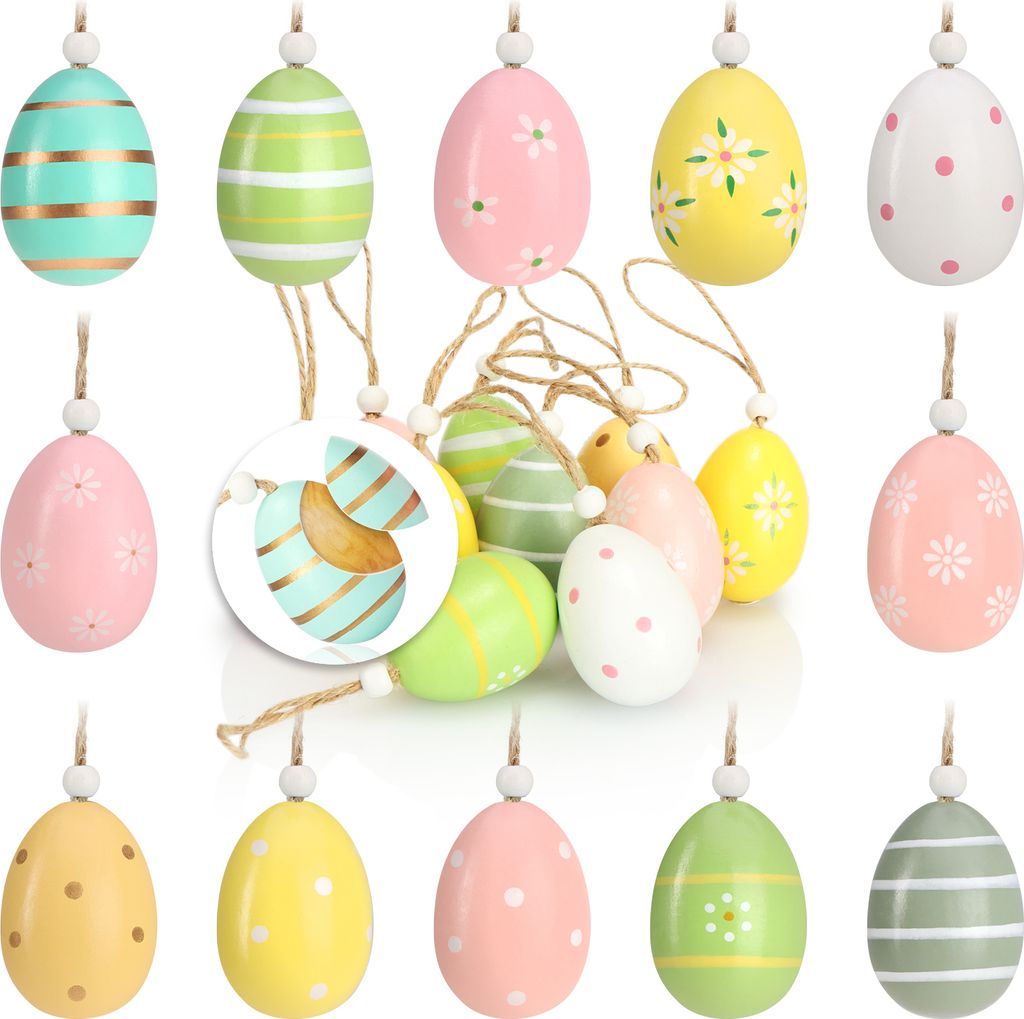 com-four 12x Ostereier zum Aufhängen - Osterdeko aus Holz in tollen Farben - Deko Ostereier mit schönen Mustern
