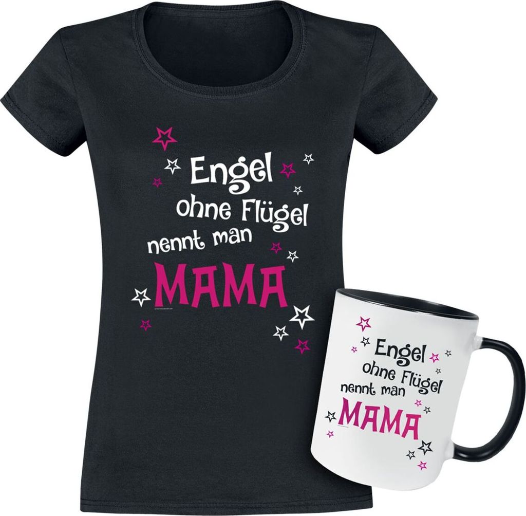 Familie & Freunde T-Shirt Damen Geschenkbox - Geschenkset - T-shirt + Tasse Engel ohne Flügel nennt man Mama schwarz XXL