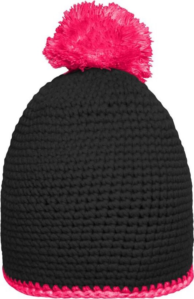 Häkelmütze mit Kontrastrand und Pompon black/pink, Gr. one size