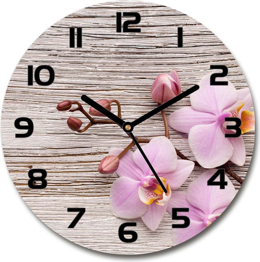 Wanduhr aus Glas 30fi Glasbild Glasuhr Gehärtetes Glas - schwarze-zeiger - Orchid on wood