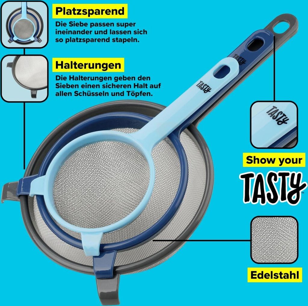 Tasty Kunststoff-Siebe mit Edelstahl-Einsatz, Sieb-Set zum einfachen Abtropfen von Nudeln und Co