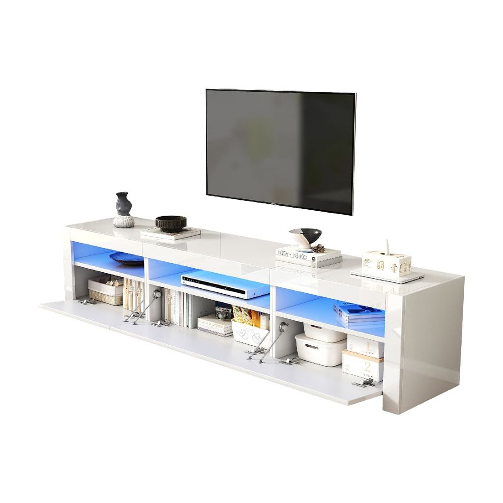 Hochglanz-TV-Schrank,190x24x40cm,mit LED-Beleuchtung und Stauraum,weißes niedriges Paneel,TV-Unterschrank mit herunterklappbarer Schranktür