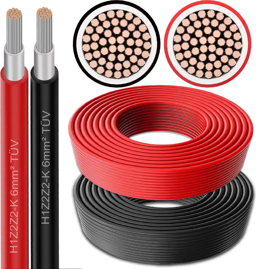 Solarkabel für Solarmodule Solarleitung Rot/Schwarz 4 mm² / 6 mm² PV 5 -100m Kabel:50 Meter