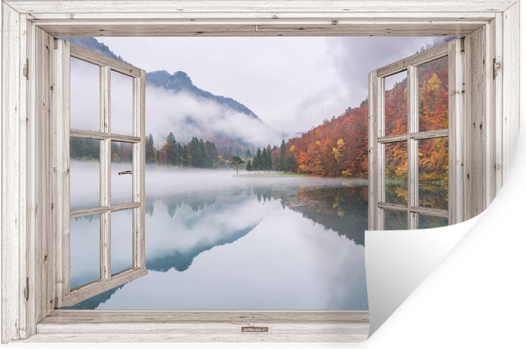 MuchoWow Wandtattoo Wandsticker Wandaufkleber Aussicht - Herbst - Wasser 120x80 cm Selbstklebend und Repositionierbar - Selbstklebend - Fototapeten