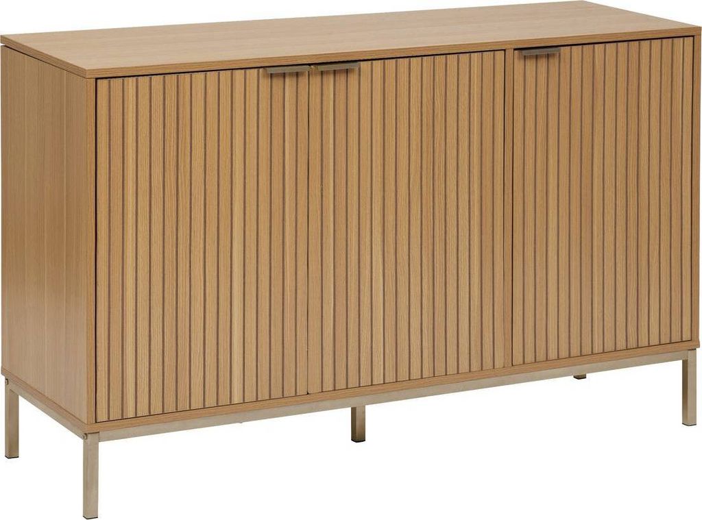 A wooden sideboard with two doors and a metal base.