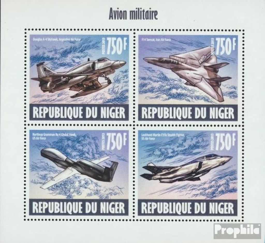 Briefmarken Niger 2013 Mi 2451-2454 Kleinbogen (kompl. Ausg.) postfrisch Militärflugzeuge