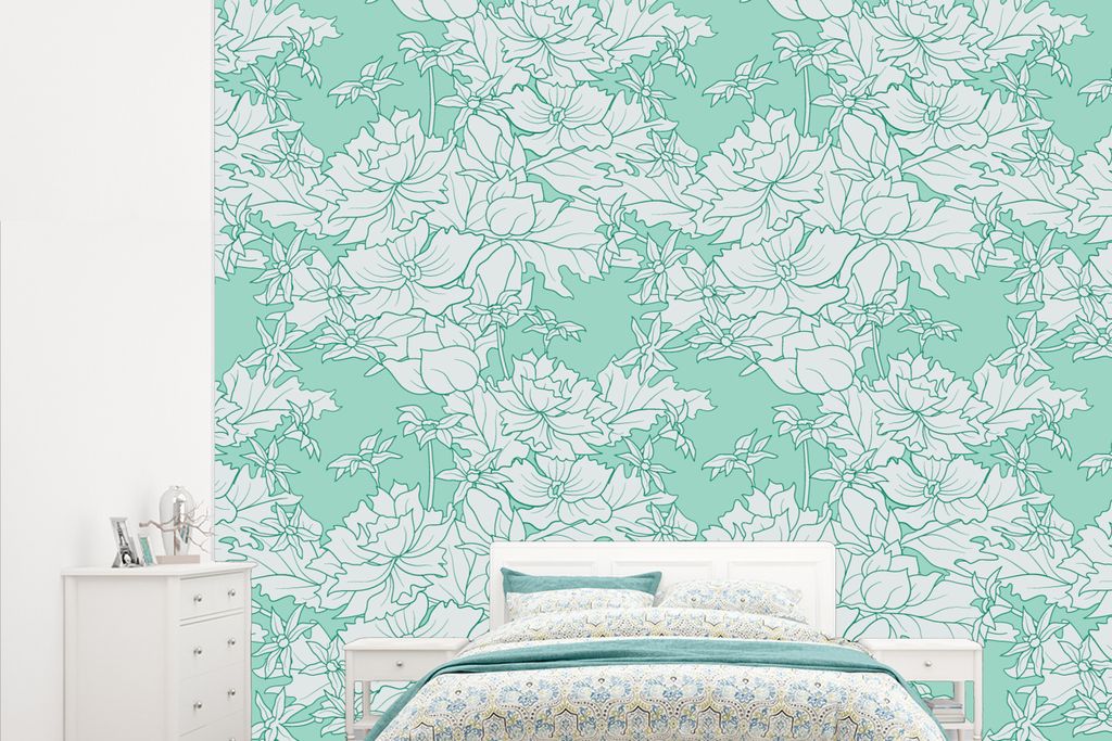 MuchoWow Fototapete für Wohnzimmer oder Schlafzimmer Wandtapete Vinyl Motivtapete Muster - Vintage - Blumen - 315x260 cm - Gemustert