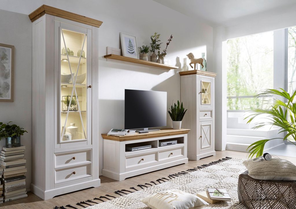 Wohnwand >WZ-0133< (4-teilig) weiss / eichefarbig - 327x214x42 (BxHxT)