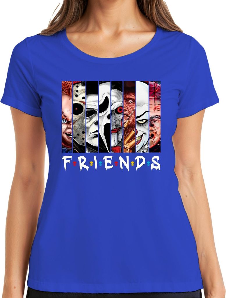 FRIENDS Horror Ikonen Jason Michael Pennywise Freddy Chucky Kult Damen T-Shirt, Blau, L