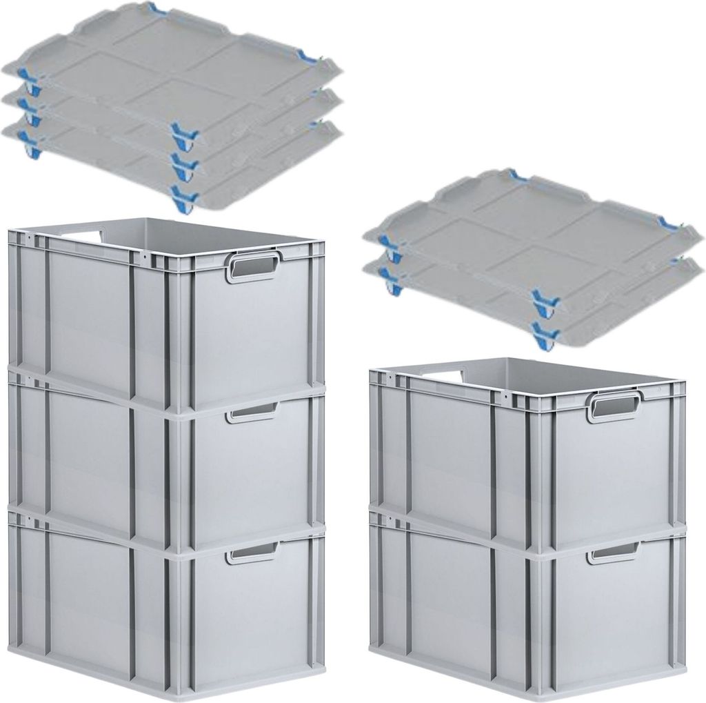 SparSet 5x Eurobox NextGen Economy mit Auflagedeckel und 4x Schiebeschnappverschlüsse Blau | Griffe offen | HxBxT 32x40x60cm | 65 Liter | Eurobeh...