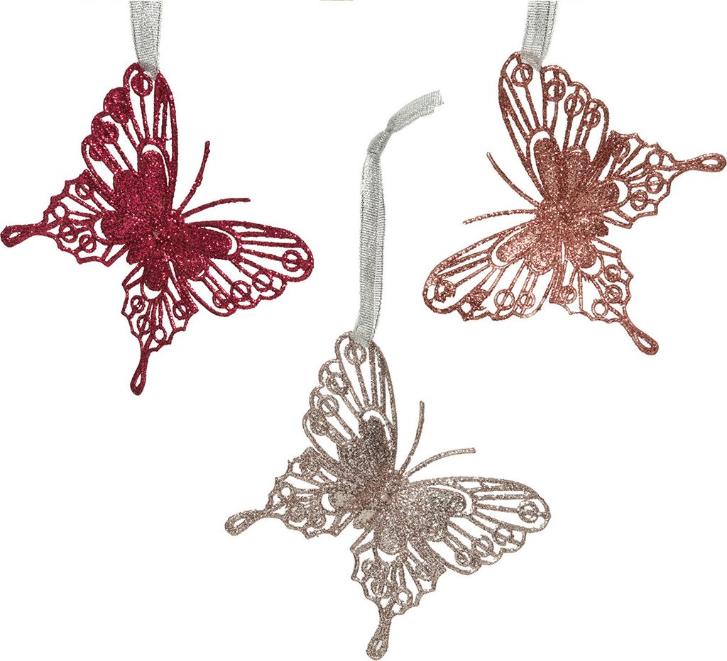Christbaumschmuck Kunststoff Glitzer Schmetterlinge 8cm rosa, 3er Set