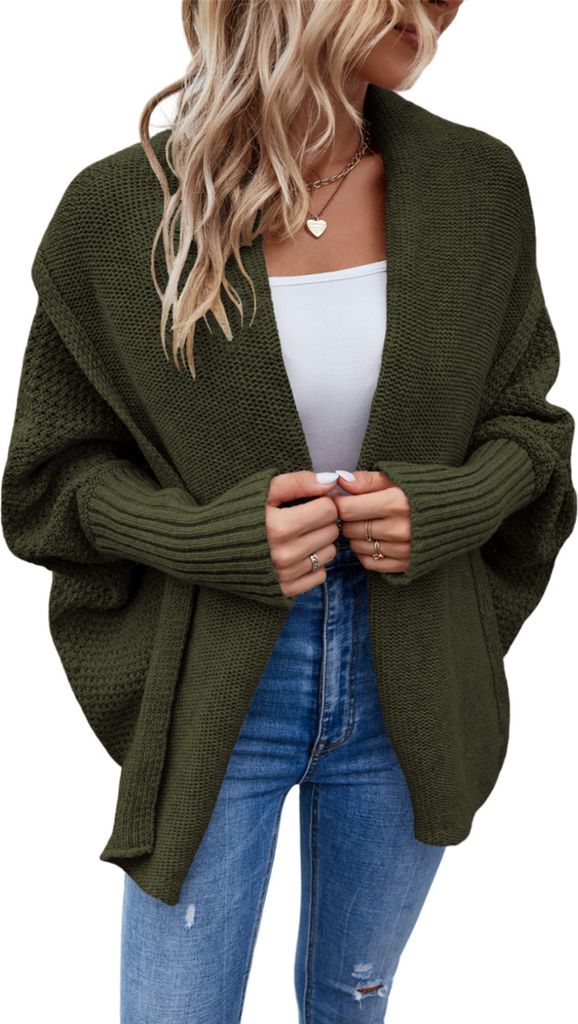 ASKSA Damen Cardigan Pullover Grob Gestrickt Wickel Fledermausaermel Vorne Offen Oberbekleidung, Armeegruen, XL