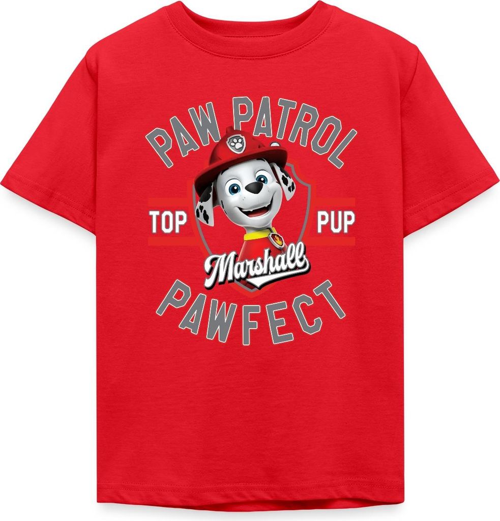 Spreadshirt Paw Patrol Marshall Pawfect Feuerwehrhund Kinder T-Shirt, 122/128 (7-8 Jahre), Rot
