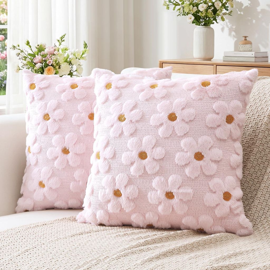Set mit 2 Kissenbezügen aus Wolle mit Blumenmuster, weiche, kurze Samt-Dekokissenbezüge aus Plüsch, Frühlings-/Sommerkissenbezüge, saisonale S...