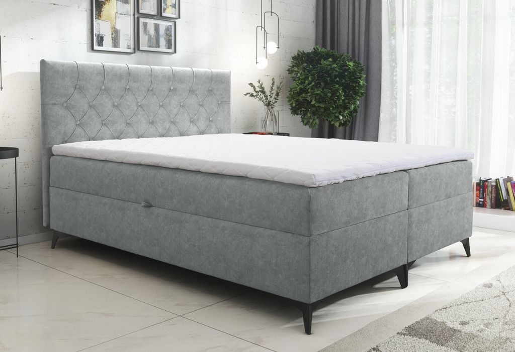 AX LIVING Boxspringbett 160x200 Palmeria Hellgrau Stauraum und Topper