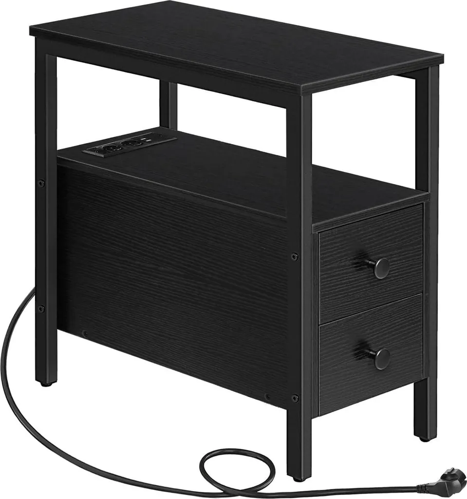 Table d'appoint noire HOOBRO 2 tiroirs avec port USB et prise 35cm large