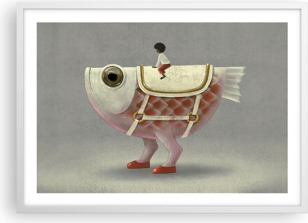 Gerahmtes Poster - Weißer Rahmen - Surreal Fisch Kind - 70x50 cm - Wand Bild - Wanddeko - Wandbilder - Kunstposter - Wandposter - Bilderrahmen - B...