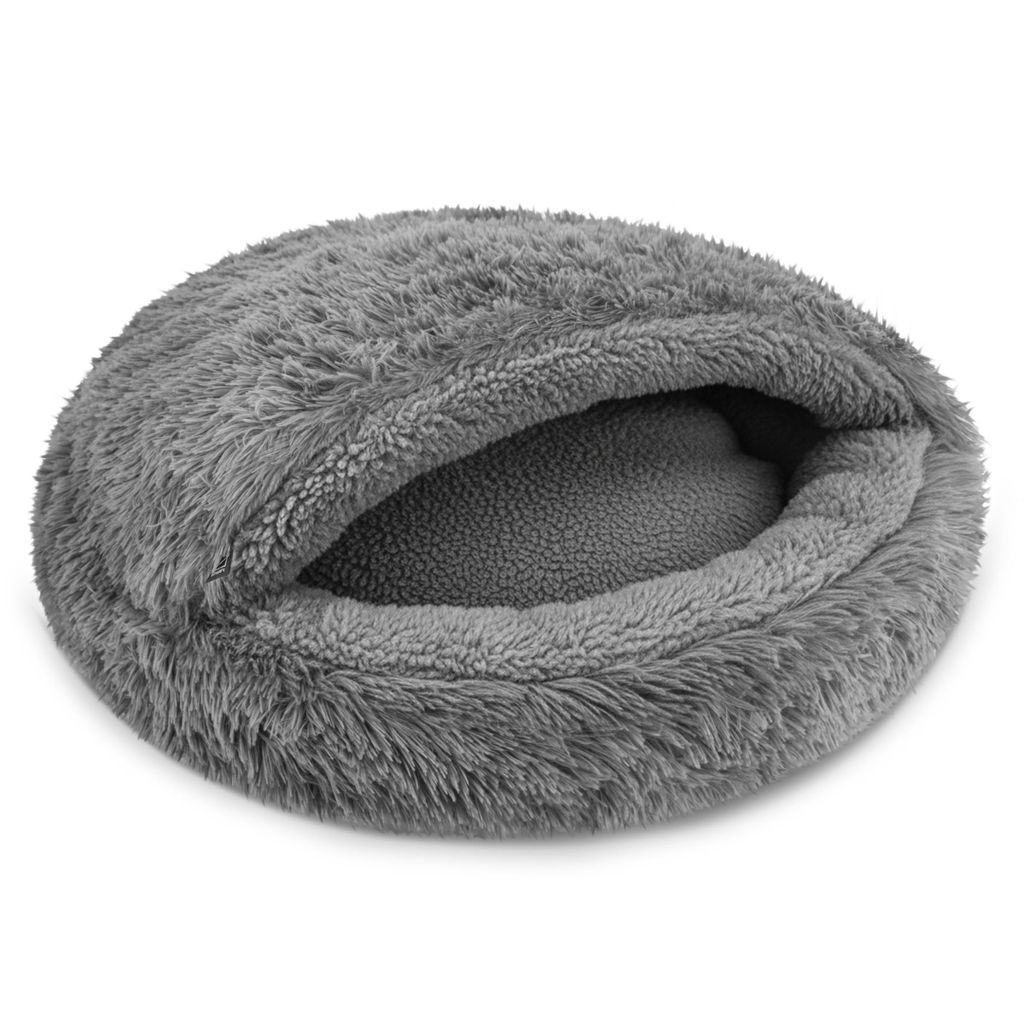 Domarex Hundebett Katzenschlafsack 2in1 Shaggy/Sherpa – Kuschelhöhle & Schlafsack mit Anti-Slip Boden – Komfort Haustierbett – Größe XL Grau