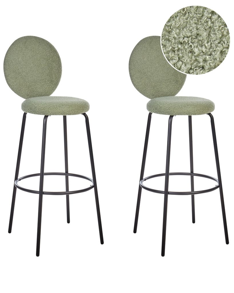 BELIANI Barstuhl 2er Set Hellgrün Bouclé-Bezug und Metall mit Lehne Fußstützen Modernes Design Sitzmöbel Wohnzommer Küche Bar Wohnküche Auss...