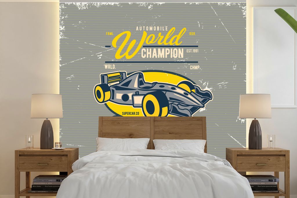 MuchoWow Fototapete für Wohnzimmer oder Schlafzimmer Wandtapete Vinyl Motivtapete Rennwagen - Flagge - Retro - 220x220 cm - Tapeten