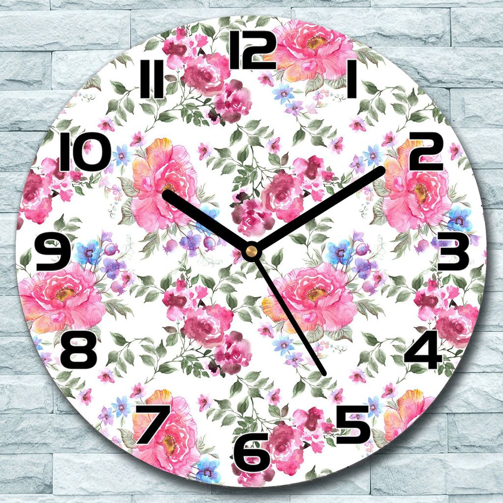 Wanduhr aus Glas Rund fi 30 Rosen Blumengarten Quarz Deko Schlafzimmer Büro
