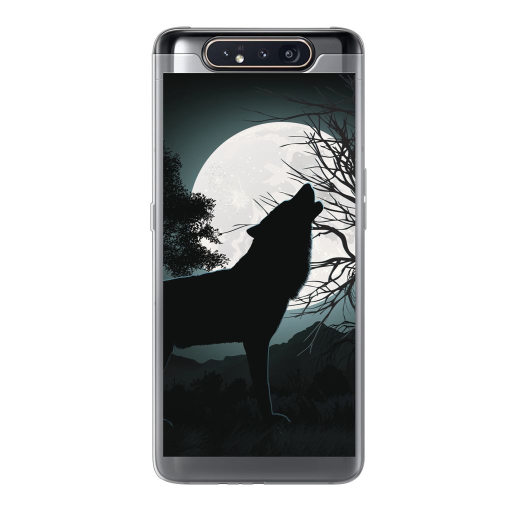 MuchoWow Handyhülle Schutzhülle Hülle für Samsung Galaxy A80 Wolf - Scherenschnitt - Mond Silikon Softcase Handy Hülle - Schutzdeckel