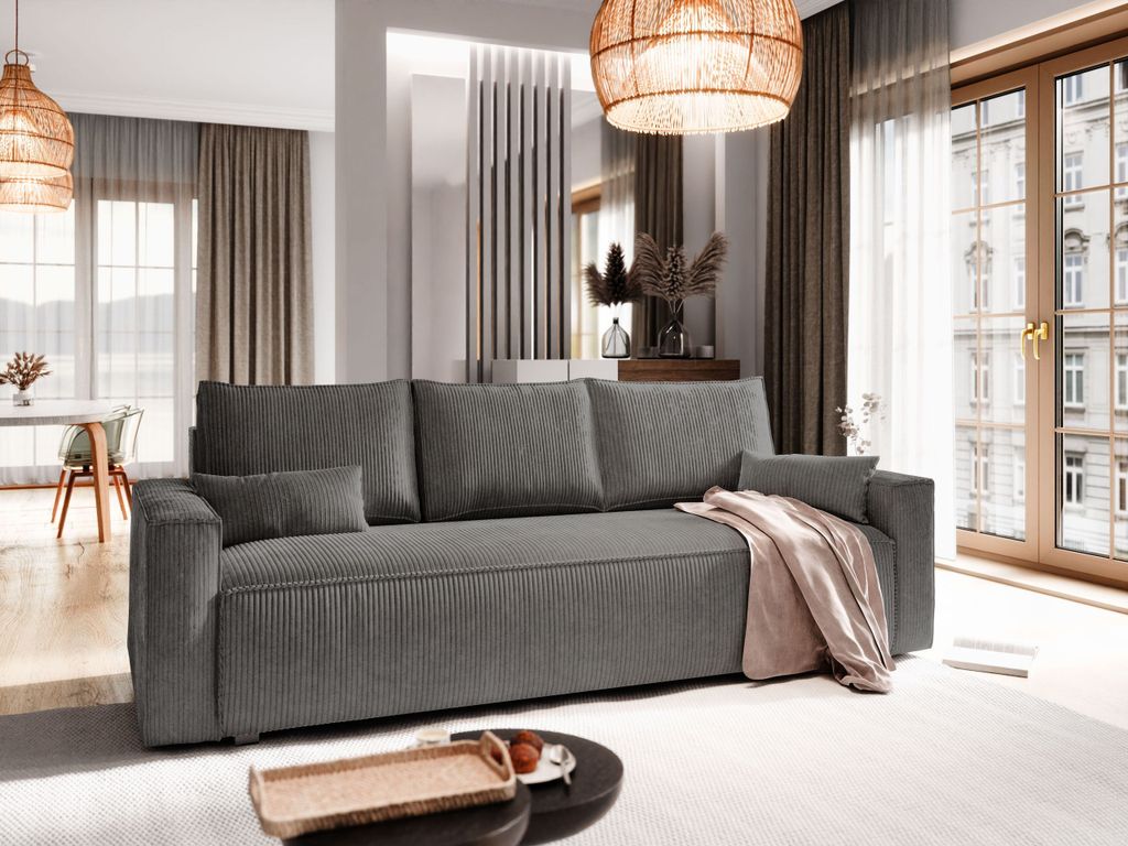 Sofa MENI Graphitfarben Kordstoff mit Schlaffunktion, Sofa mit Bettkasten, Sofa mit Bettkasten, Wohnzimmersofa, Couch, Soffa, Bettsofa, Couchgarnit...