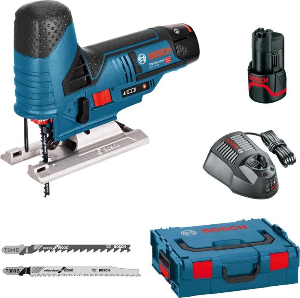 A Bosch cordless jigsaw kit displayed with its accessories and case.