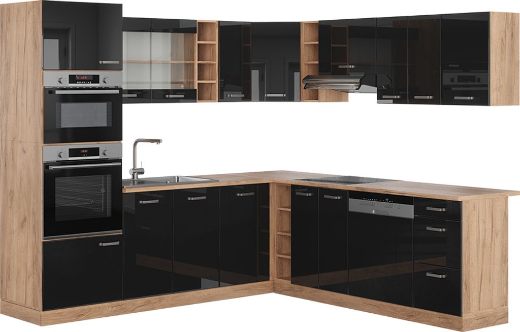 Eckküche Vicco R-Line Schwarz Hochglanz/Goldkraft Eiche 247 x 46 cm ohne Arbeitsplatte, Model 40980