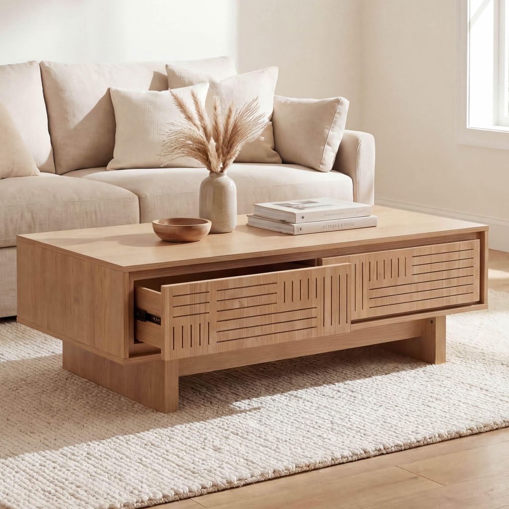Couchtisch MCW-O33, Sofatisch Wohnzimmertisch Beistelltisch, 2 Schubladen 2 Fächer, Melamin 40x120x60cm Ulme Natur