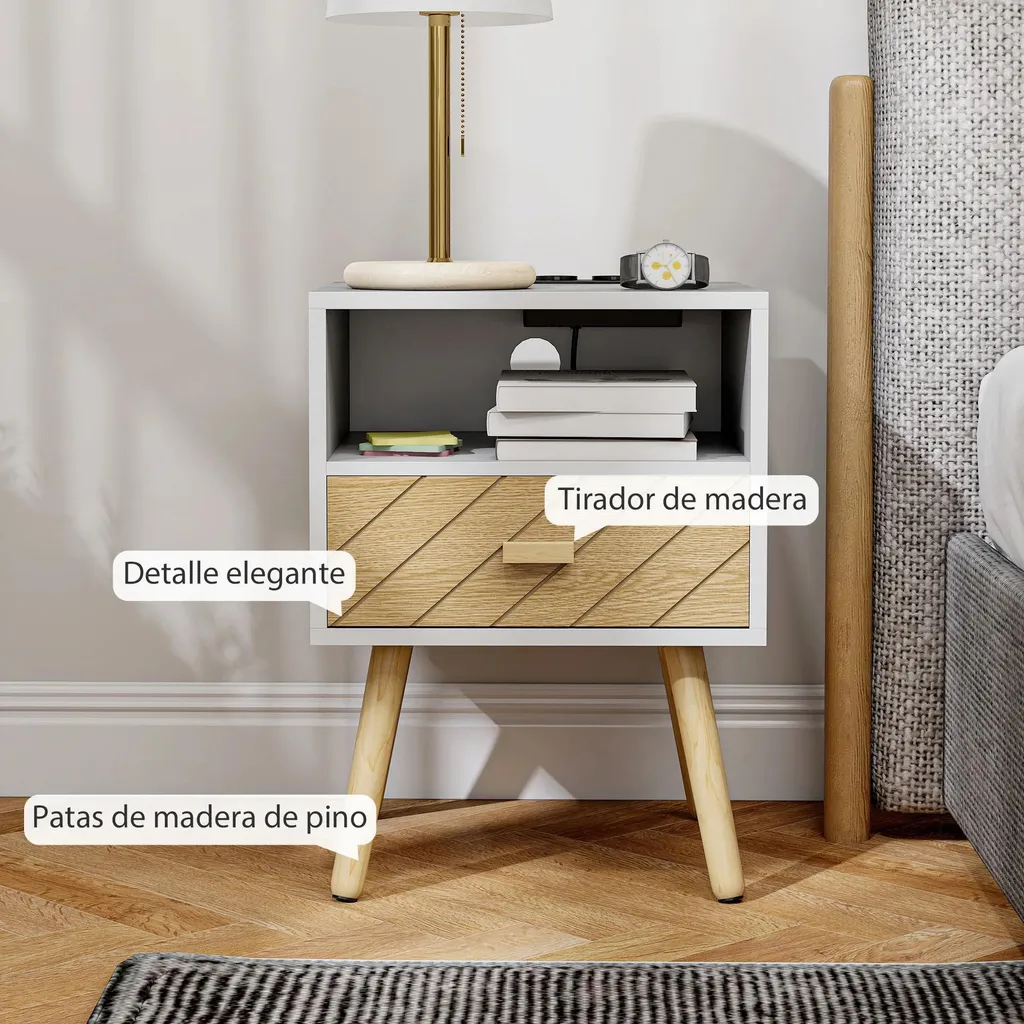 Table de chevet avec station de charge USB-C et tiroir blanc design chic - 6