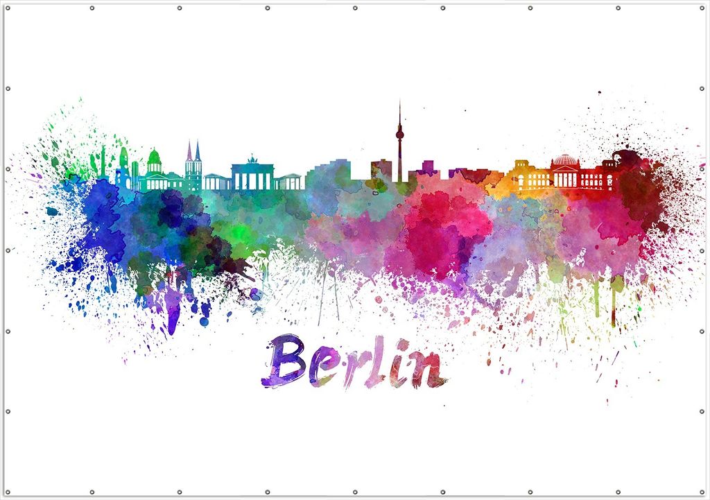 Wallario XXL Outdoor-Poster für Garten oder Balkon, Motiv Städte als Aquarell - Skyline von Berlin, in ca. 400 x 280 cm